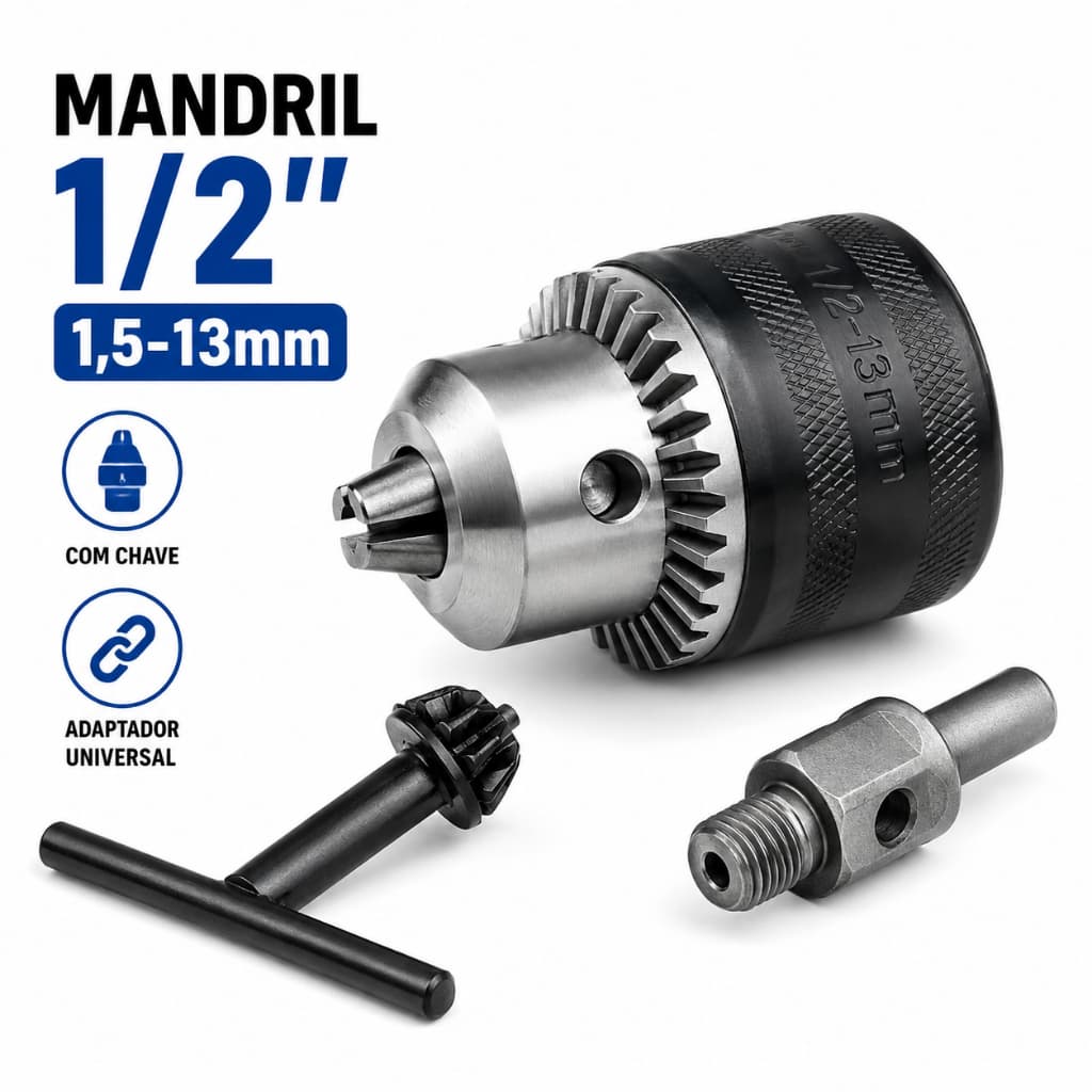 Mandril 1/2" 1,5‑13mm com Chave + Adaptador para Chave de Impacto Conversor para Furadeir