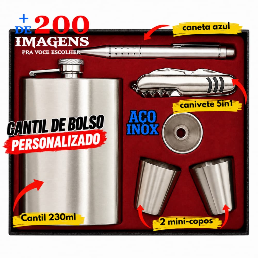 Kit Cantil De Bolso Personalizado Nome & Imagem Drink Whisky Vodka Presente Masculino