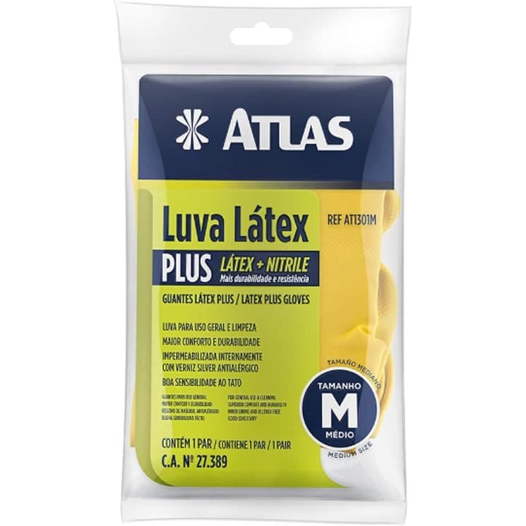 Atlas - Luva de Látex Multiuso com Composto Antialérgico e Palma antiderrapante, Tamanho M, Cor Amarela