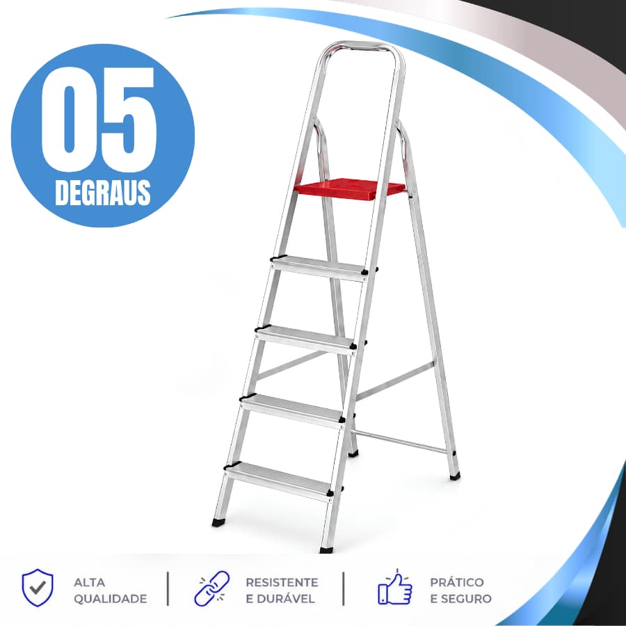 Escada 5 Degraus De Alumínio Resistente, Reforçada e Versátil