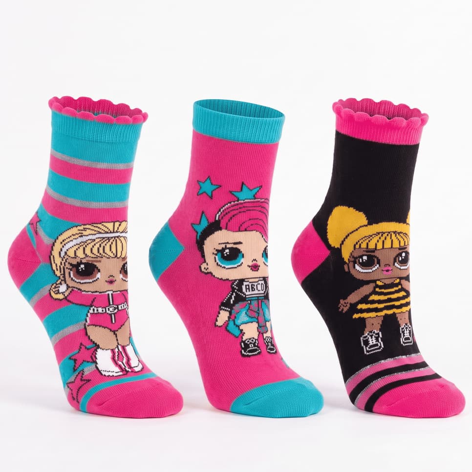 kit 3 Meia Infantil  Menina Cano BAIXO Algodão Kawaii Geek Personage LOL Surprise Algodao Conforto menina escola