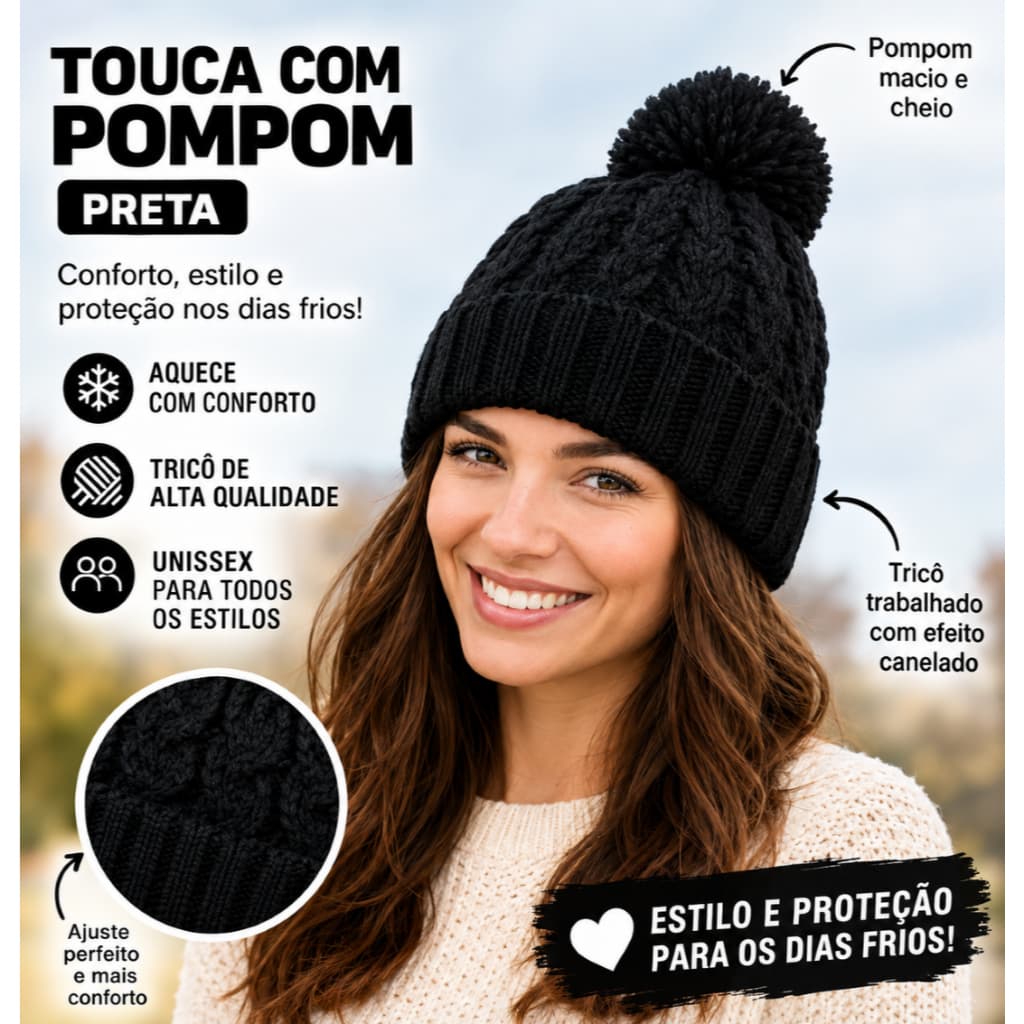Touca Gorro Tricot Com Pompom WinterLuxe Beanie Unissex Inverno Quente Preta