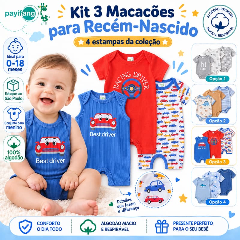 Kit 3 Macacão Curto Bebê Carro Corrida Unissex Payifang 100% Algodão 0 a 18 Meses Regata Manga Curta Conjunto Roupa Verã