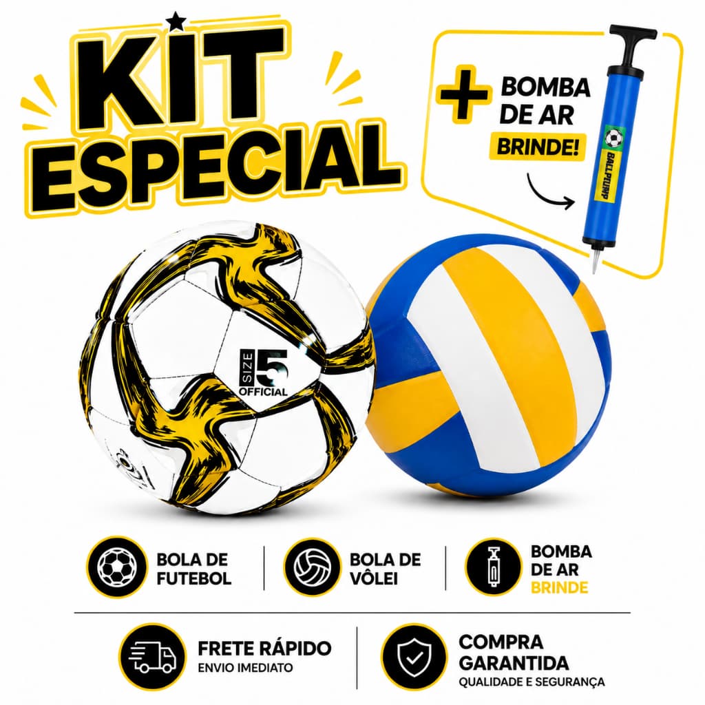 Kit Bola Futebol Campo + Bola Vôlei Oficial Tamanho 5 Com Bomba de Ar Treino Esporte Lazer