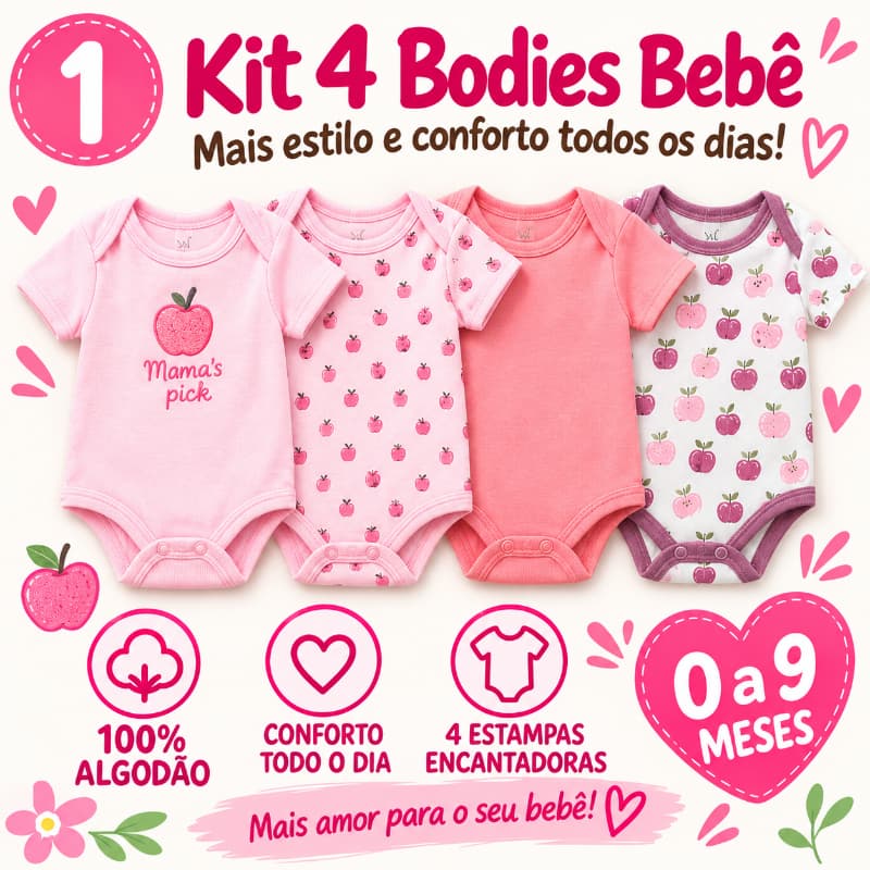 Kit 5 Bodies Bebê Menina Manga Curta Algodão Body Infantil Recém-Nascida 0 a 12 Meses TM-41