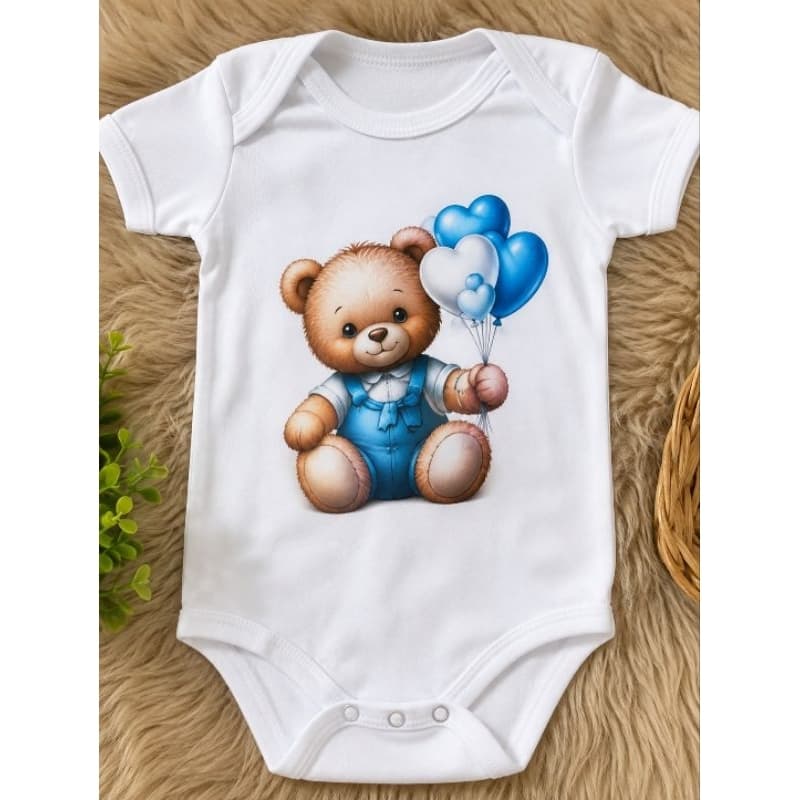 Body Bebê Menino Ursinho Azul Balões 100% Algodão RN P M G