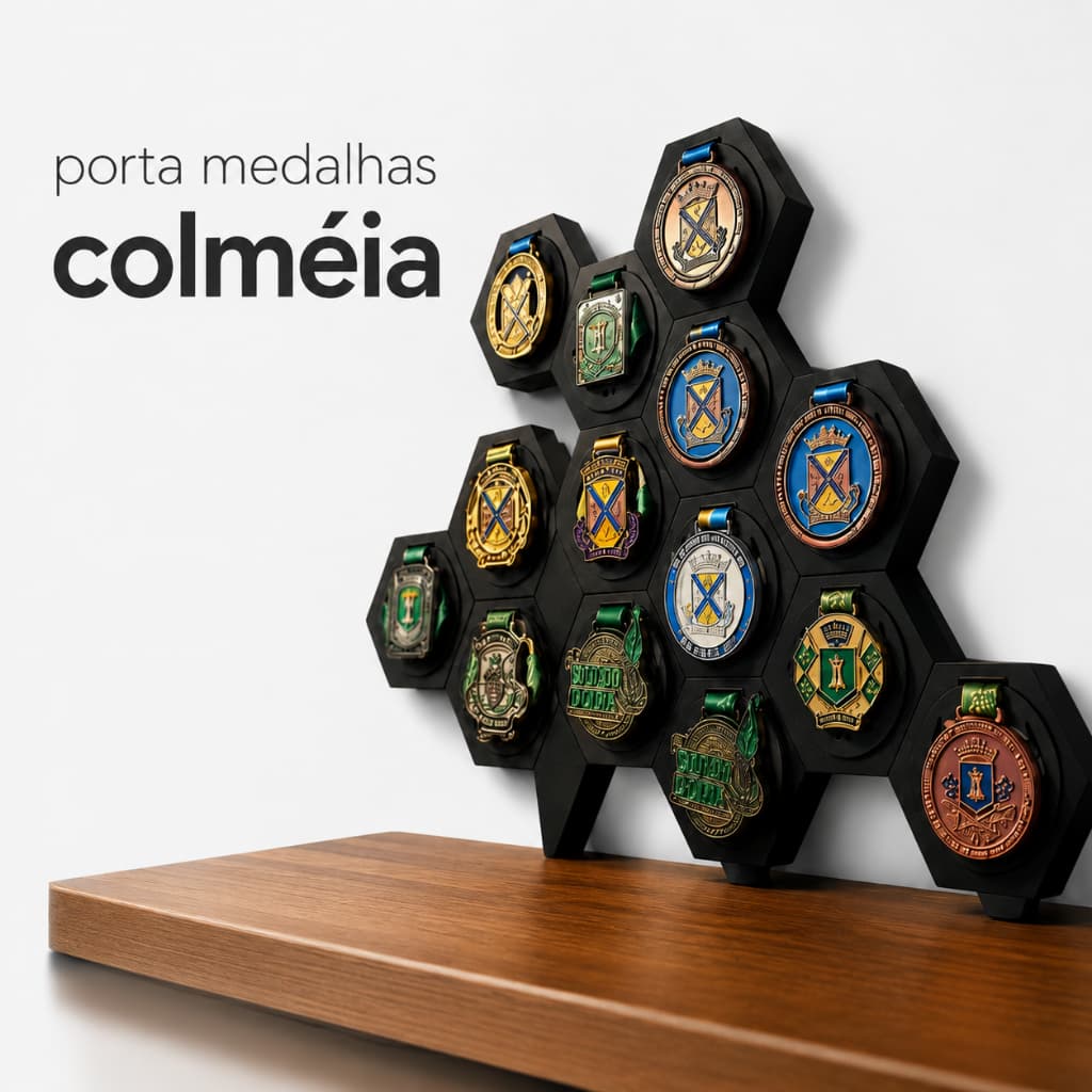 Porta Medalhas Hexagonal Colmeia Modular para Parede Corrida Jiu Jitsu Bike Futebol