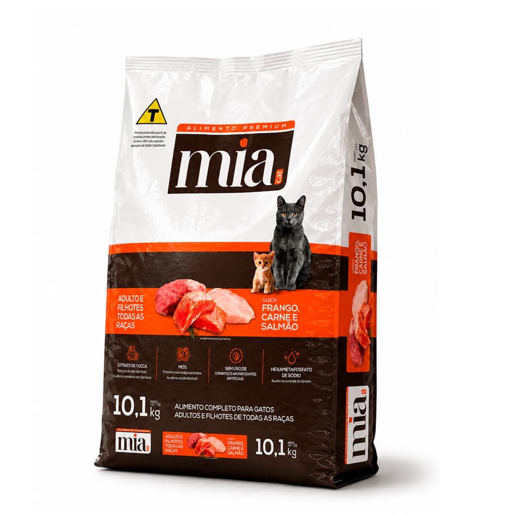 Ração Para Gato 10kg Adulto Filhote Mia Cat Premium Completa Todas as Raças Frango Carne Salmão