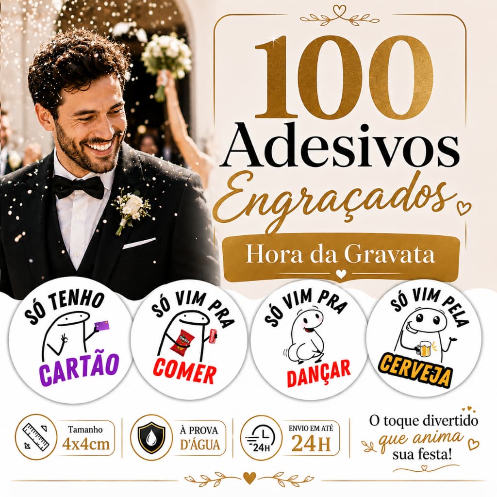 Kit 100 Adesivos Hora da Gravata 4x4 Flork Divertidos para Casamento Operação Lua De Mel Eu Apoio!