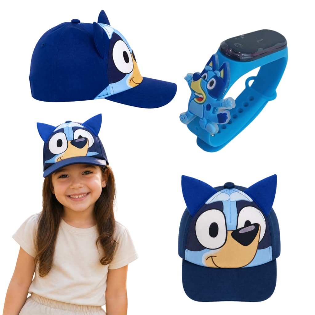 Kit Bluey Blue Relógio infantil Com Boné Chapéu Para Crianças