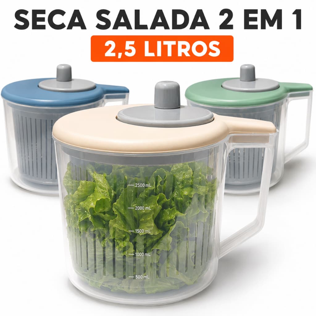Seca Salada Xplast 2 Em 1 Com 2,5L Centrífuga Manual Escorredor de Folhas e Verduras