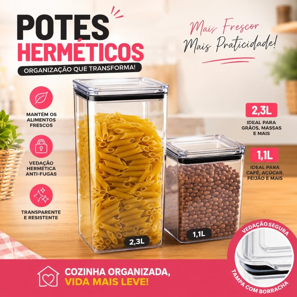 KIT 1 POTE HERMETICO DE 2,3L E 1 POTE HERMETICO DE 1,1L ACRÍLICO RESISTENTE - COZINHA ORGANIZAÇÃO PORTA MANTIMENTOS