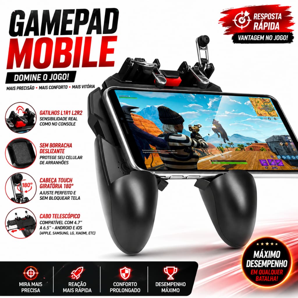 Controle Gamer para Celular Android iPhone + Gatilhos L1 R1 L2 R2 Joystick Suporte