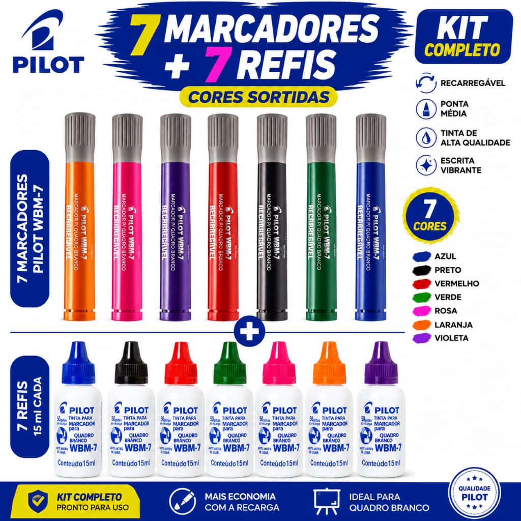Kit Marcador Quadro Branco Pilot WBM-7 7 Cores Recarregável com Refil e Apagador