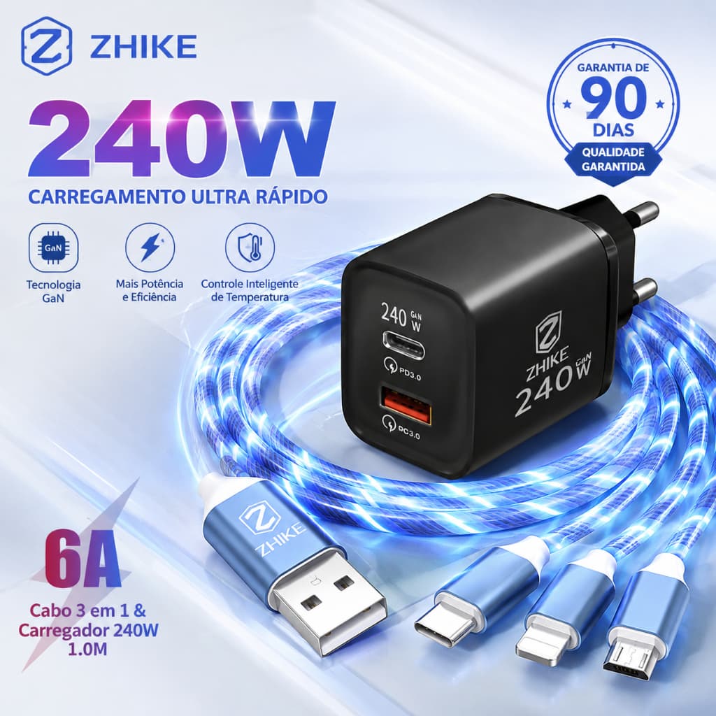 Carregador 240W ZHIKE 3 Em 1 Celular Carregamento Rápido PD Tipo C Cabo GaN Adaptador USB-C Carregador Parede Portátil