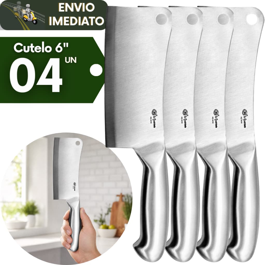 Kit 4 Faca Cutelo Machado 6 Polegada Aço Escovado Cortes Robustos Ideal Cozinha Churrascaria Açougue