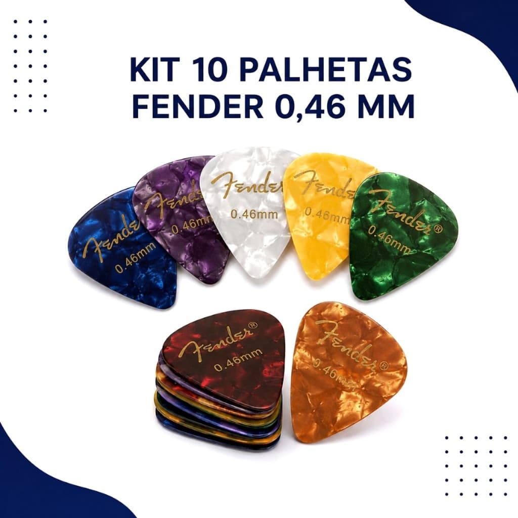 Kit 10 Palhetas Fender 0,46mm Leve para Violão Guitarra Ukulele Cavaco Cores Sortidas