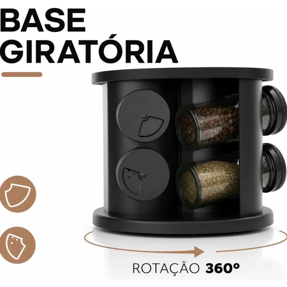 Porta Temperos Giratório 6 Potes com Tampas Ajustáveis – Organizador de Condimentos
