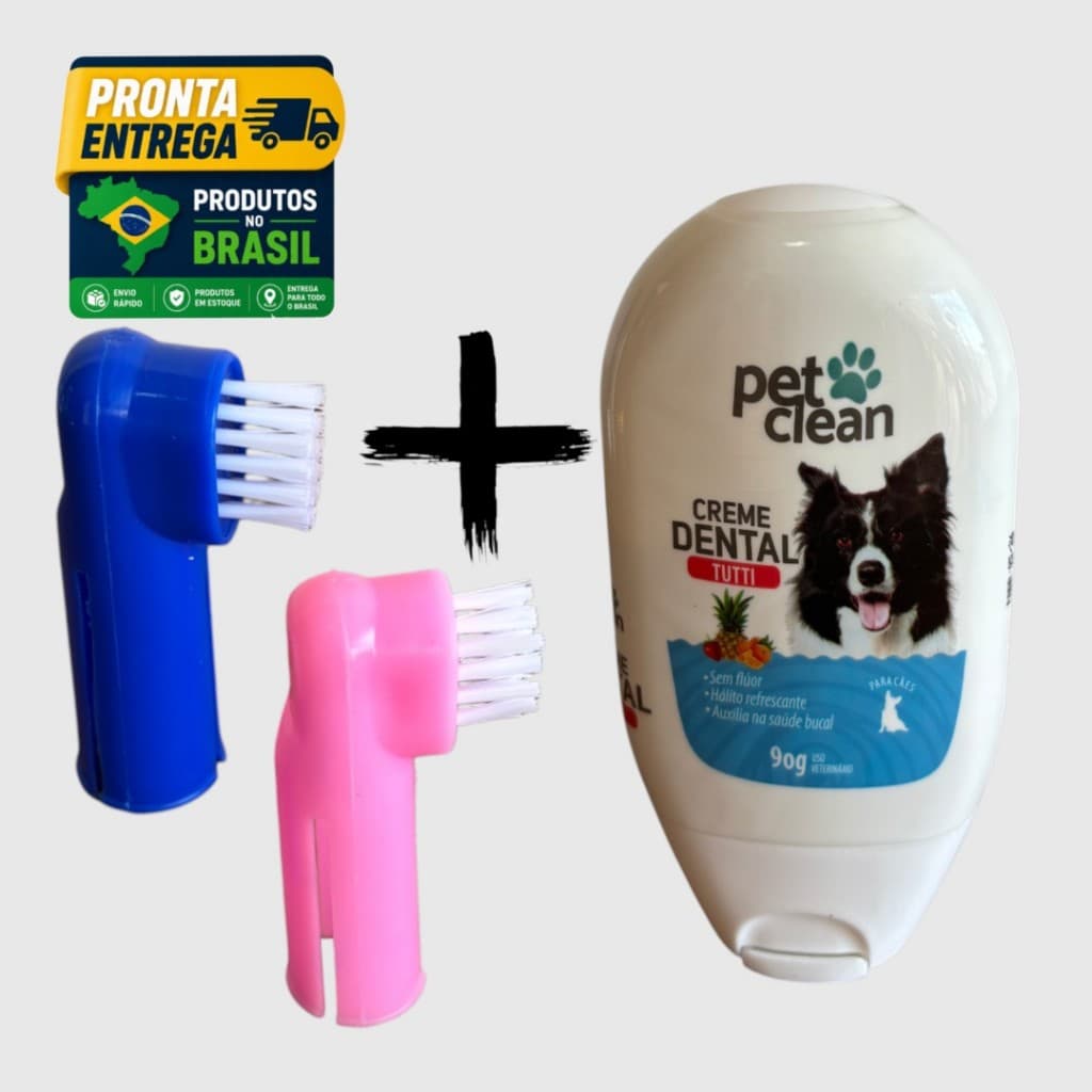 Kit Higiene Bucal Pet Pasta Creme Dental Pet Clean Tutti Frutti 90g + 2 Escovas Dedeiras De Dente Cachorro Gato