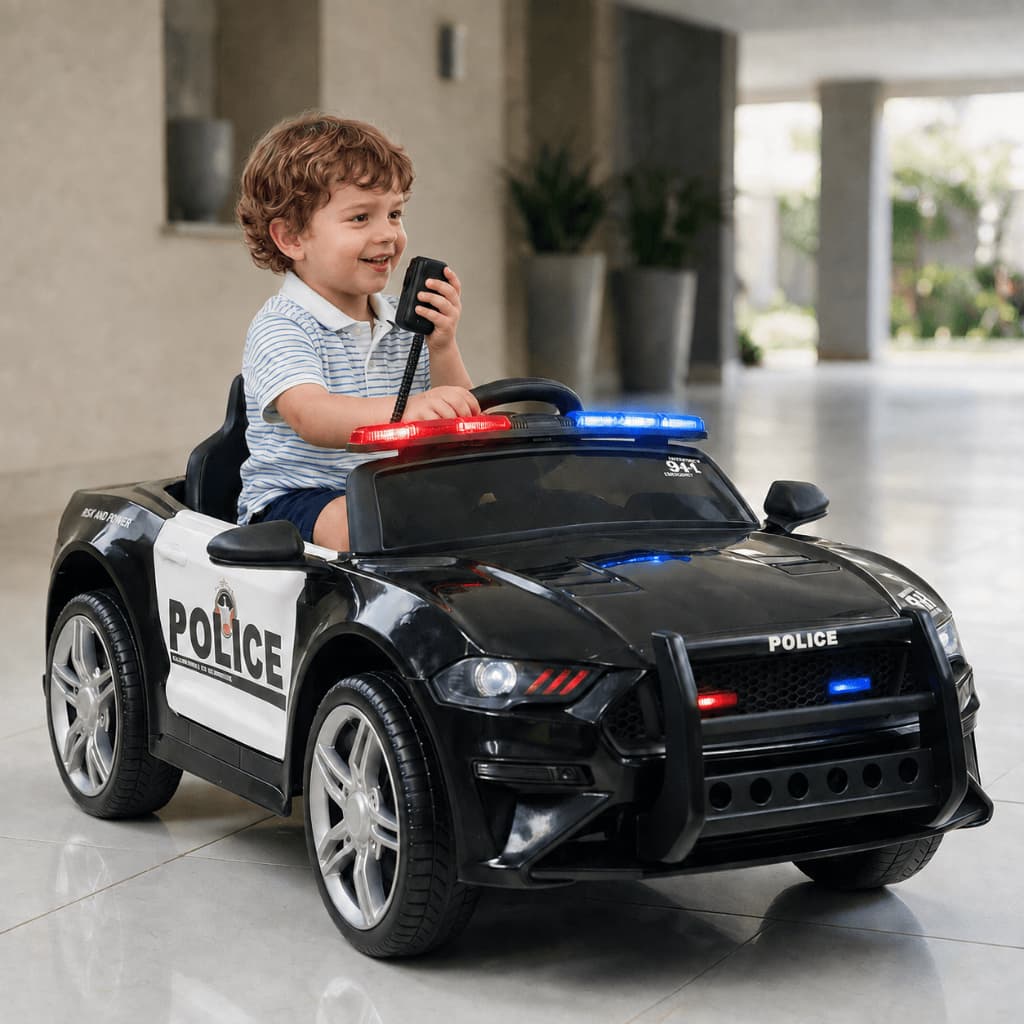 Mini Carro Elétrico Policial Infantil 12V Recarregável com Controle Remoto LED e Sirene