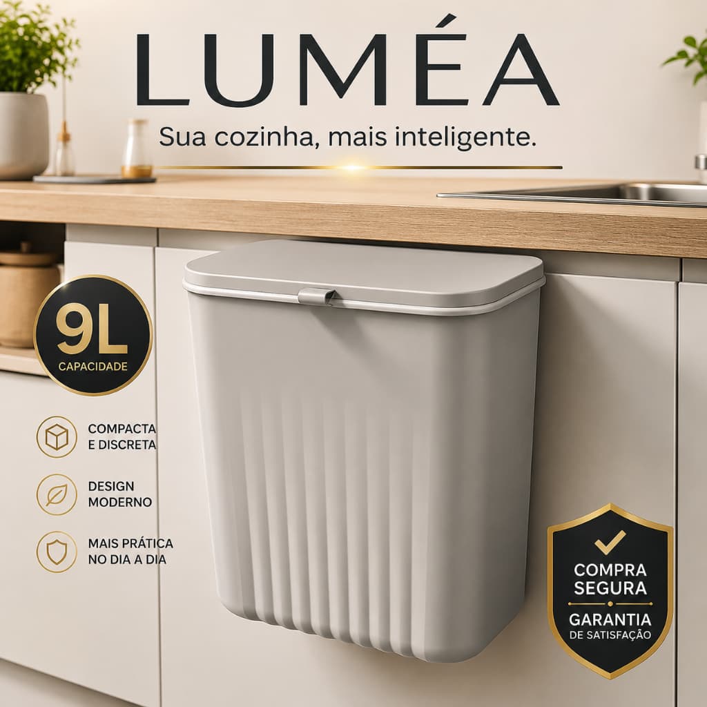 Lixeira Suspensa 9L com Tampa Luméa para Cozinha Suporte de Parede e Porta Compacta Organizadora