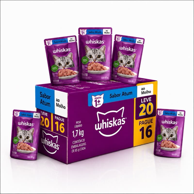 Whiskas Sachê Carne ,atum , salmão  Molho para Gatos Adultos - KIT/20 Unidades