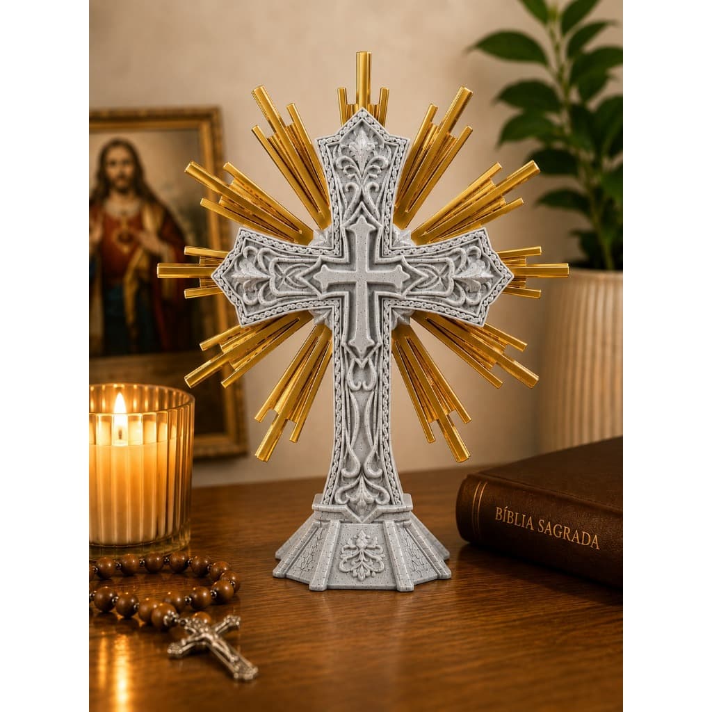 Cruz de Cristo Decorativa com Raios Dourados Crucifixo Religioso Cristão para Altar Sala Quarto e Presente
