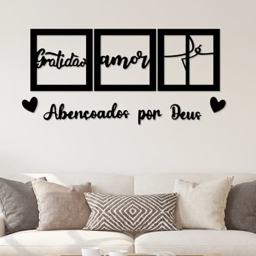 Kit de 3 molduras decorativas Quarto Amor Fé Gratidão + Frase Abençoado por Deus Parede Cabeceira Sala de Estar