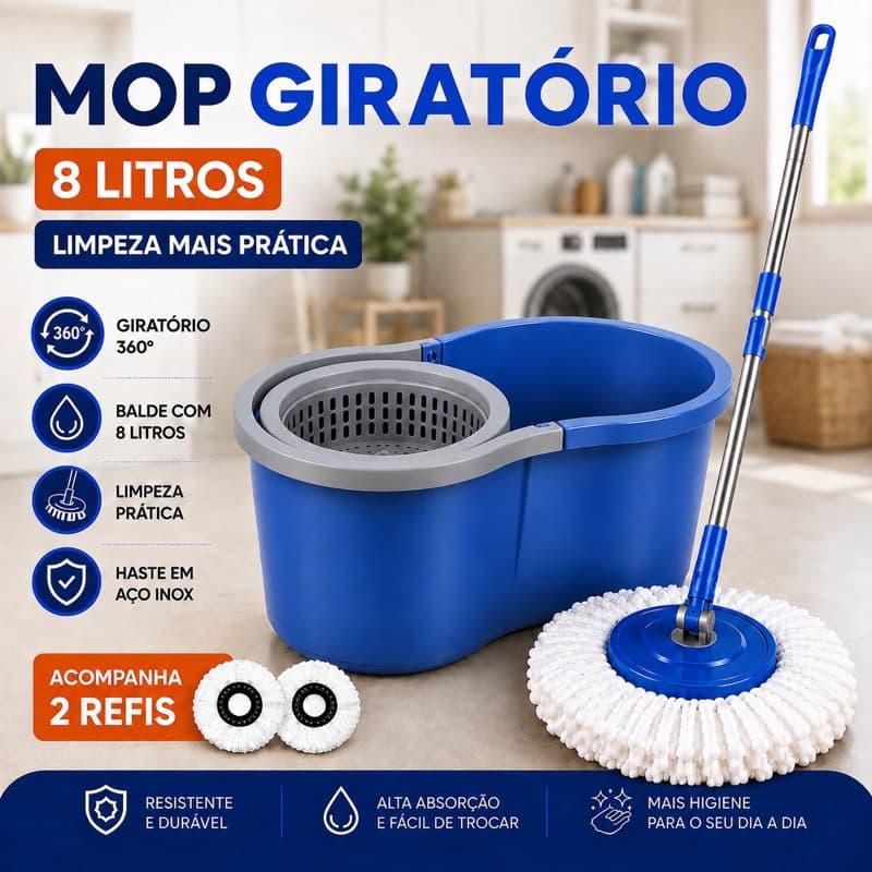 Mop Giratório 360º Esfregão Multiuso 8L Cabo Extensivel Balde Centrifuga Plastico Refil Reforçado ENVIO IMEDIATO