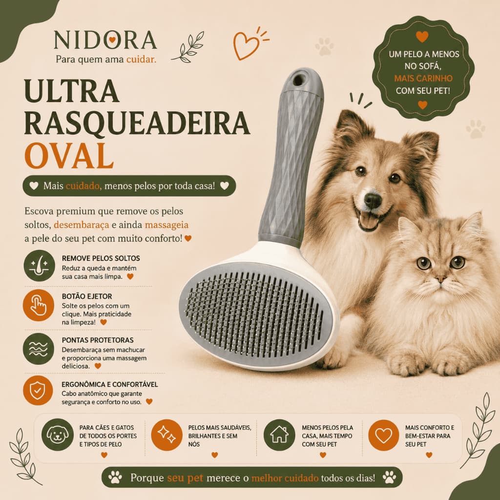 Escova Rasqueadeira para Cachorro e Gato Autolimpante Tira Pelos com Botão Removedor – Ultra Rasqueadeira Oval