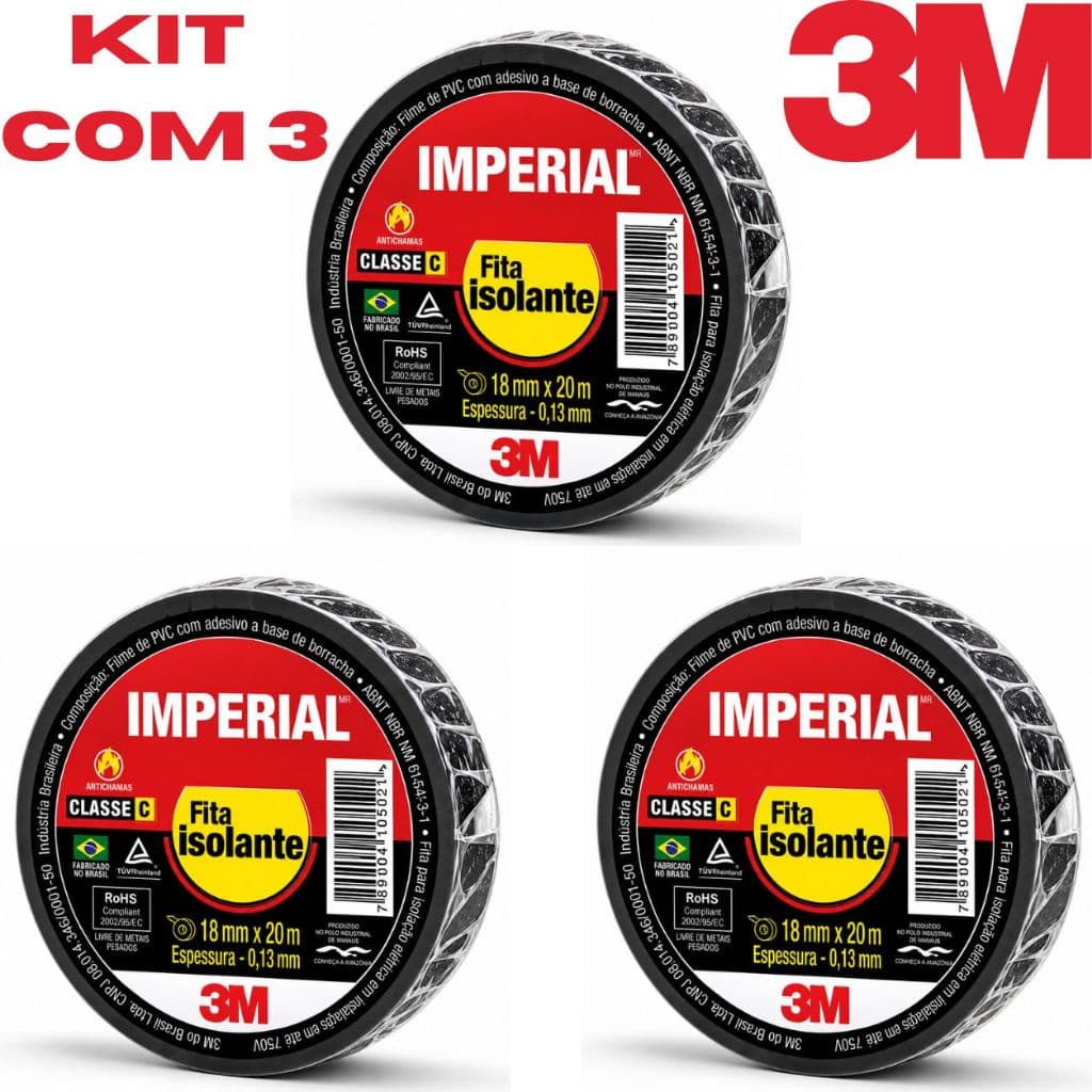Fita Isolante 18,0 mm Preta, Imperial 3M, 10/20 metros