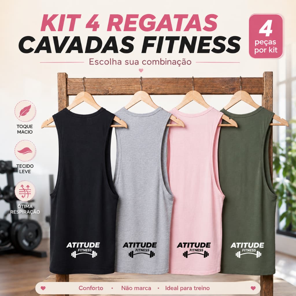 Kit 4 Regatas Cavadas Femininas Fitness Visco Lycra Costas Nadador Academia Treino
