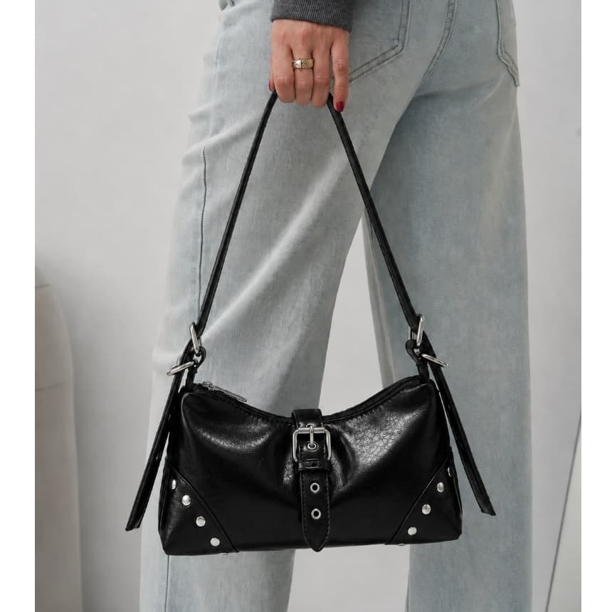 Bolsa Feminina Media De Ombro Baguete Para Festa Festival Rock Y2K Bolsa Preta Com Fivela