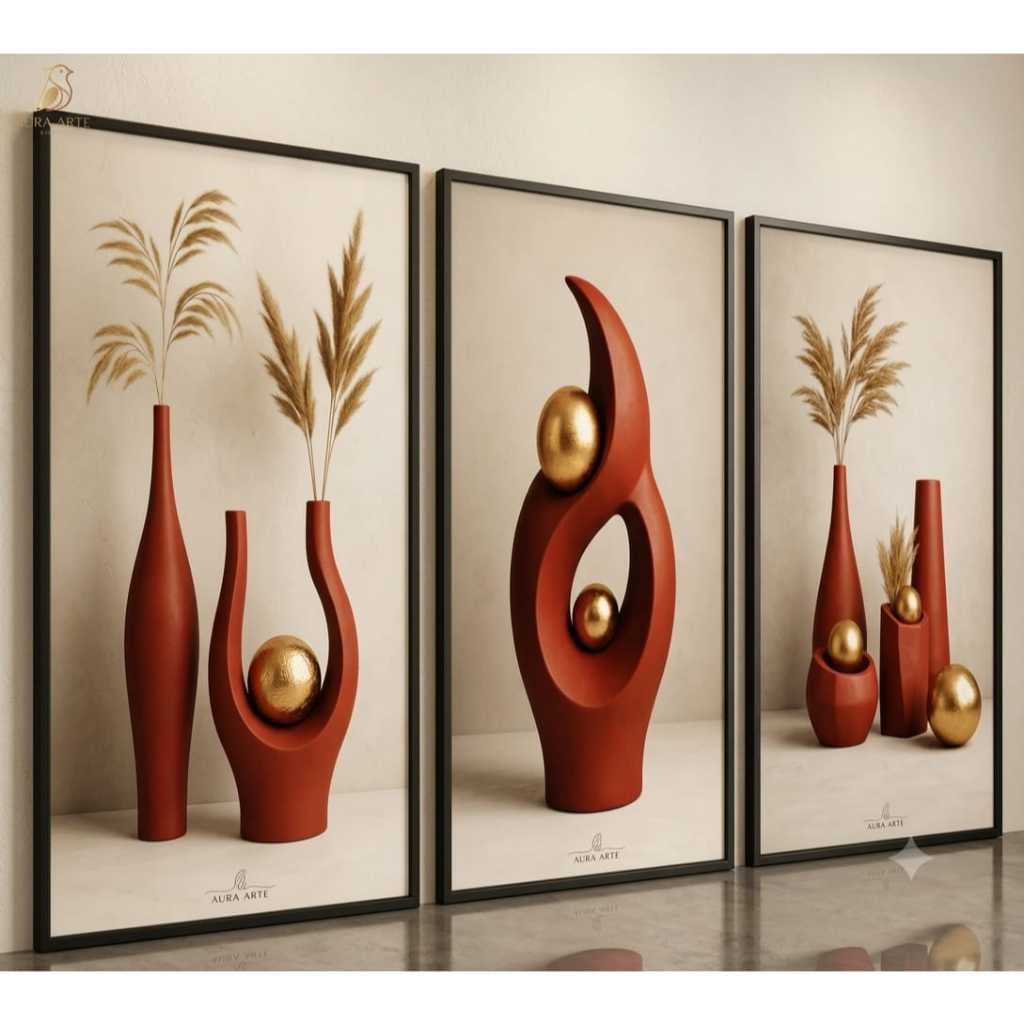 kit 3 quadros decorativos modernos terracota vaso escultura dourada para sala quarto a venda