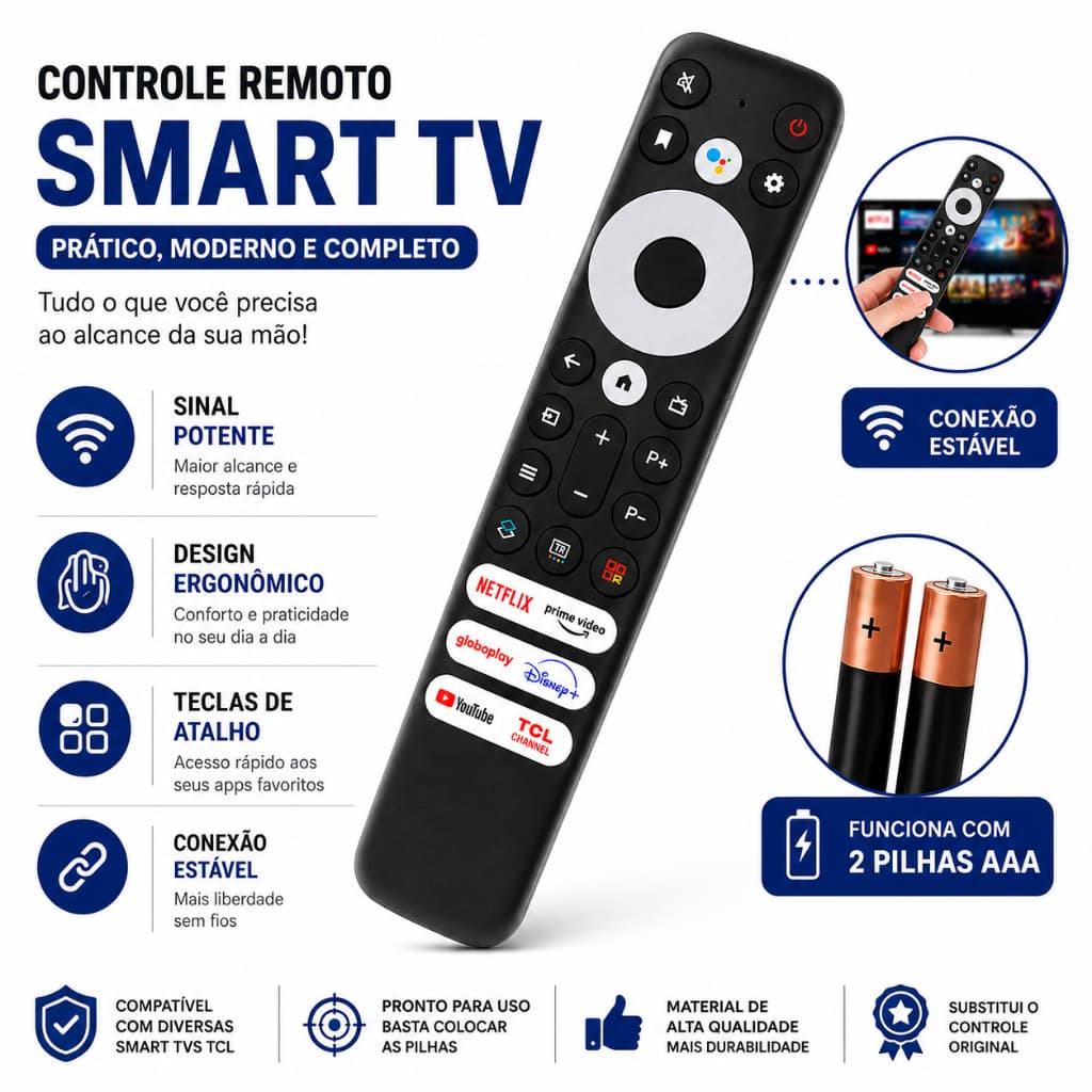 Controle Remoto Tv Tcl Smart Led Lcd Netflix Globoplay Prime Disney + 2 Pilhas