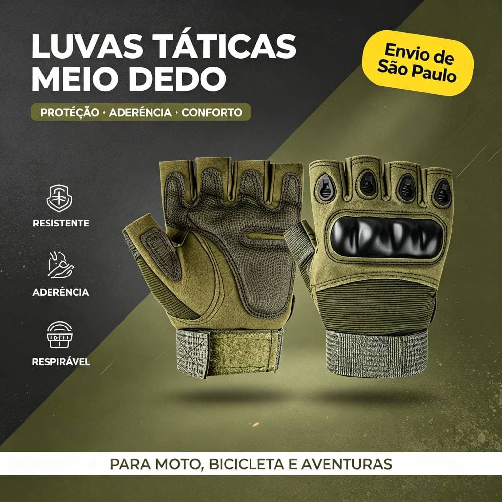 Luvas Táticas Meio Dedo Unissex Super Resistentes, Proteção Contra Impacto para Moto, Ciclismo e Atividades ao Ar Livre