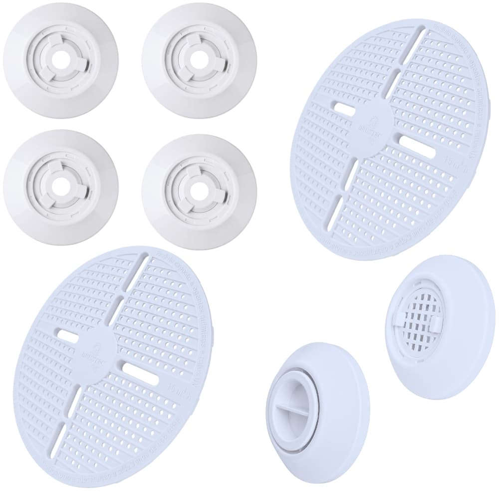 Kit Piscina Alvenaria Sobrepor 50mm: Aspiração, Quebra-Ondas, 4 Retornos e 2 Ralos Brancos Brustec ABS