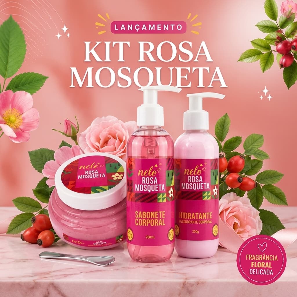 Kit Cuidados Corporais Rosa Mosqueta - Sabonete, Esfoliante Hidratante