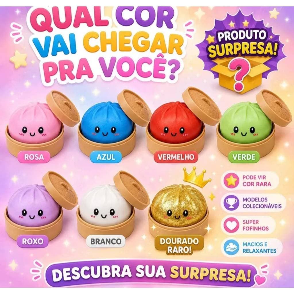 Dumpling Squishy Bolinho Baozi Surpresa Super Macio, relaxante que ajuda a aliviar a ansiedade e estresse do dia a dia.