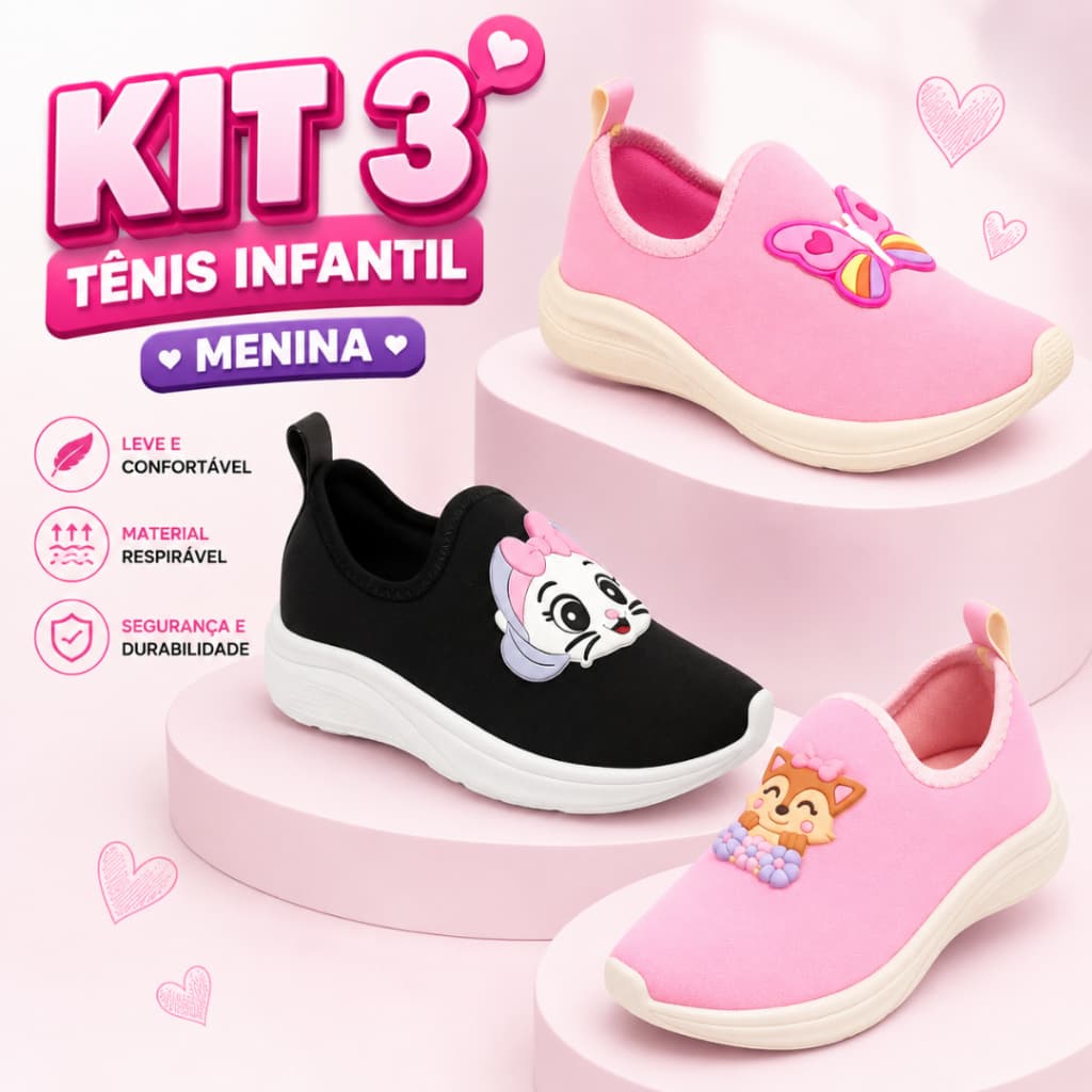 Kit 3 Pares Tenis Infantil Menina Calce Fácil Macio Confortável Dia Dia