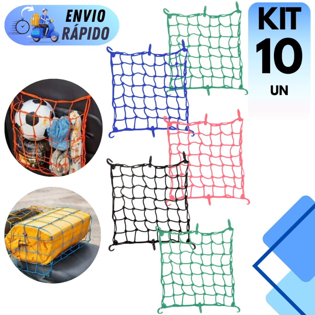 CONJUNTO REDE ELÁSTICA PARA MOTO E CARRO 30X30 COM 6 GANCHOS BAGAGEIRO CAPACETE