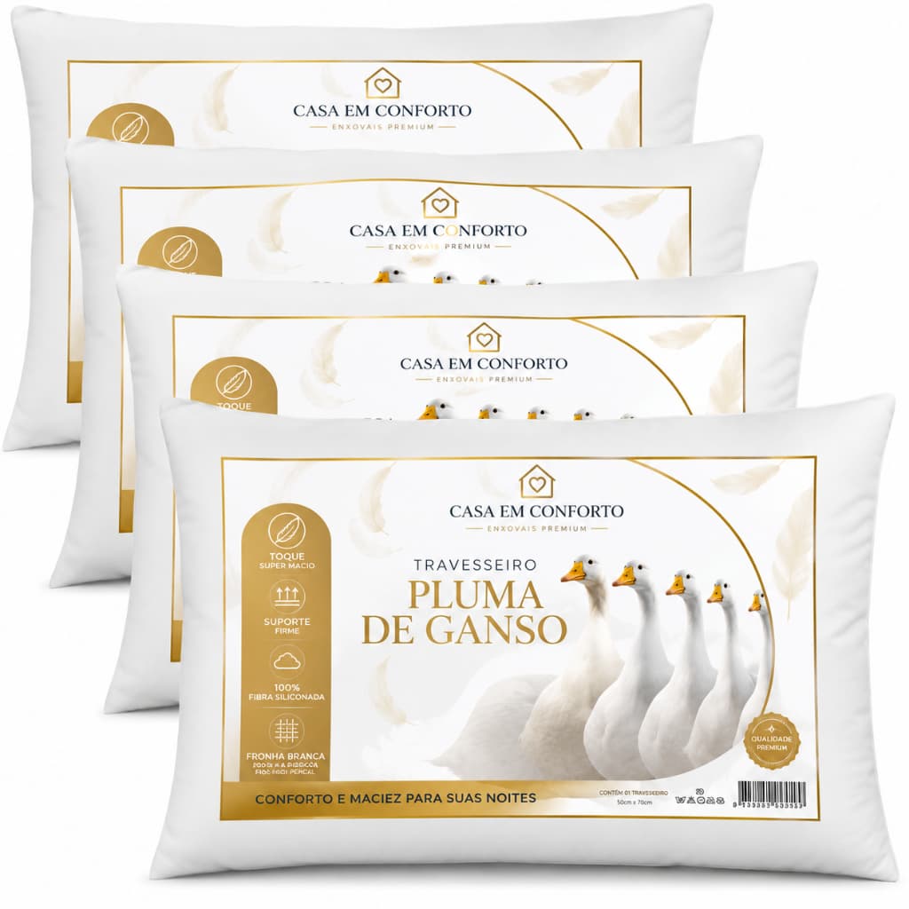 Kit 04 Travesseiros Pluma de Ganso 50x70 Super Macio Premium Grande