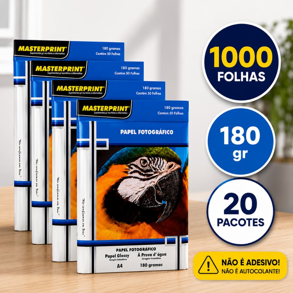 Kit 1000 Folhas Papel Fotográfico A4 Brilhante 180g Premium Glossy Masterprint Inkjet À Prova d´Água (NÃO ADESIVO)