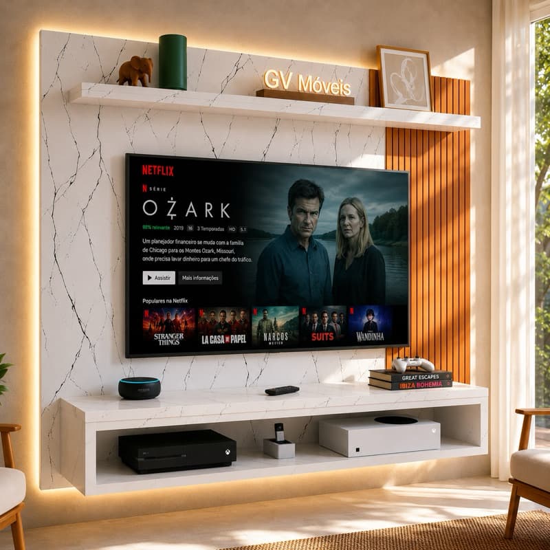 **Lançamento Painel De TV Até 60 Polegadas Efeito Marmorizdo Industrial, Com Nicho e Prateleira Sala