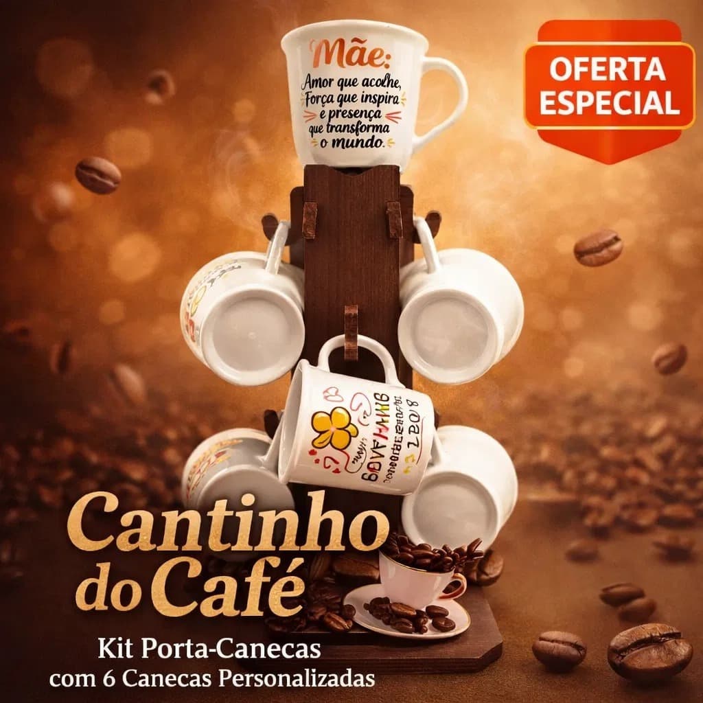 Kit Cantinho do Café com 6 Canecas Acrílicas e Suporte de Madeira Porta Canecas