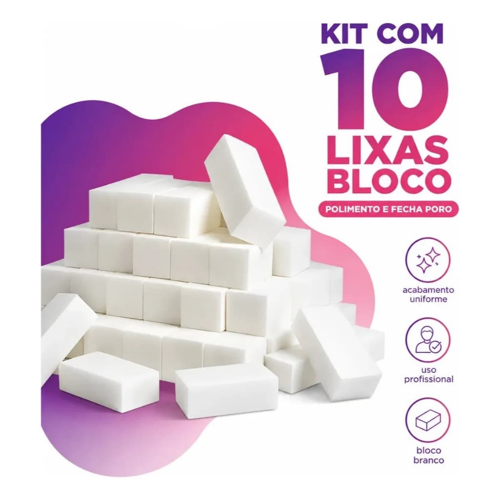 Kit Lixa Bloco Fecha Poros Branca BMED para Unhas 10 ou 12 Unidades Buffer Polidora Gel Acrigel