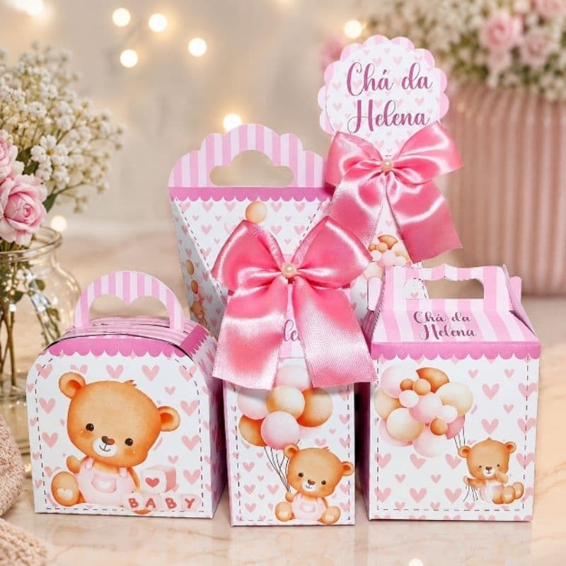 Caixinhas Personalizadas Chá de Bebê Ursinha Rosa Menina