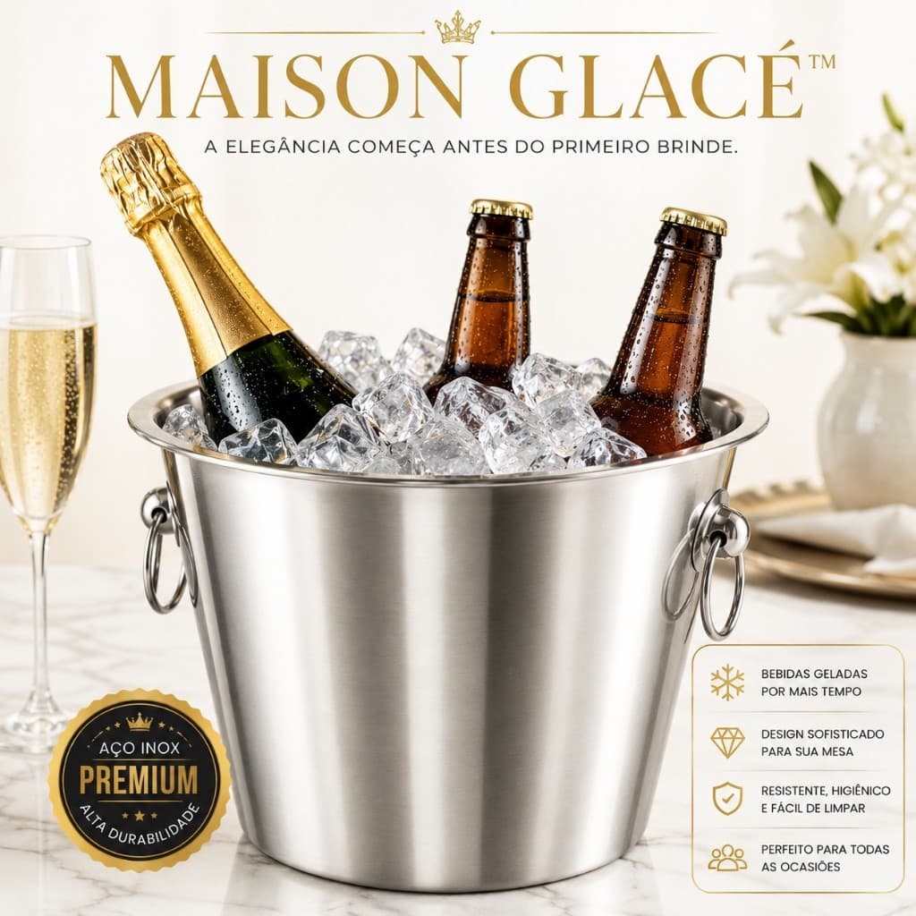 Balde De Gelo Inox -  Cor Prateado com Alça.