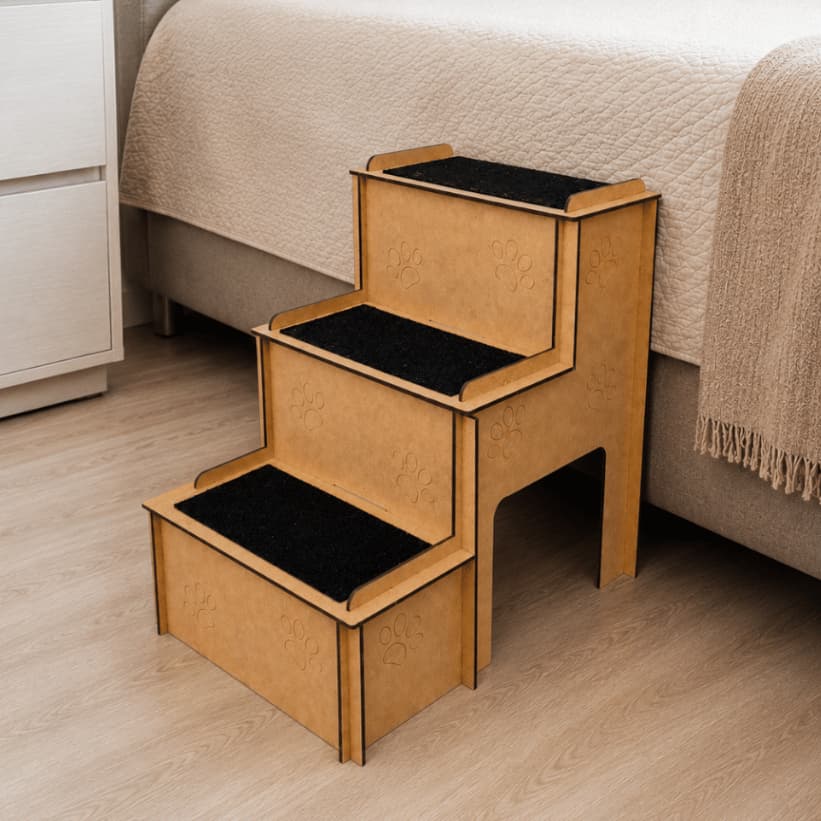 Escadinha Madeira MDF Para Gatos Cachorros 3 Degraus Com Carpete Antiderrapante