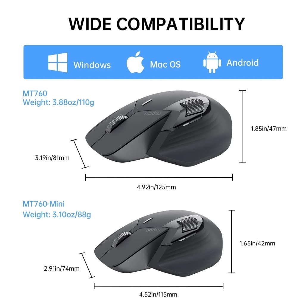Mouse Sem Fio Ergonômico Multimodo Rapoo MT760M (Bluetooth / 2.4GHz / M+ Cross-Computer)